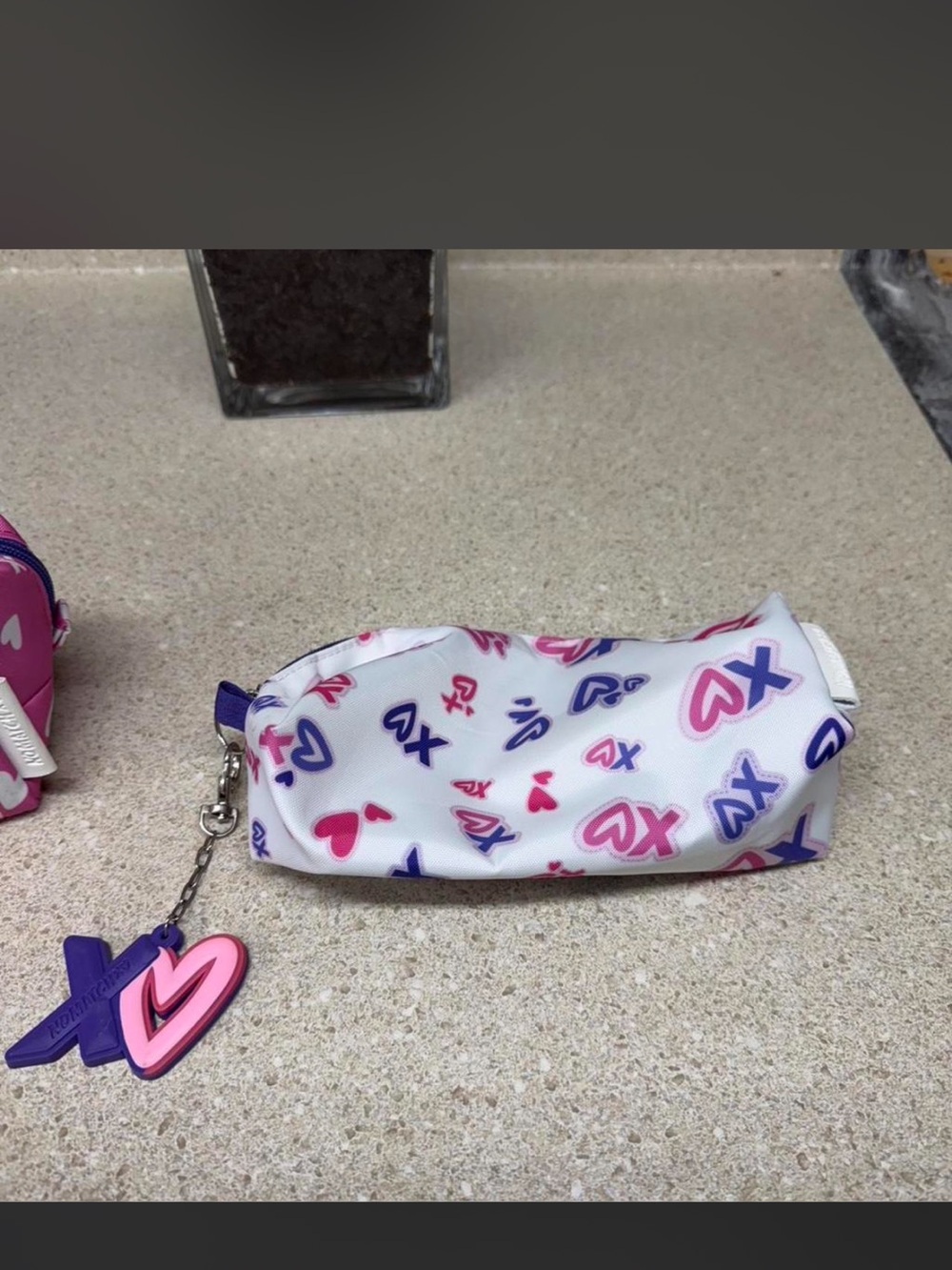 No match make up bags ,Xo Pattern White Cosmetic Pouch with Pink & Purple Charm